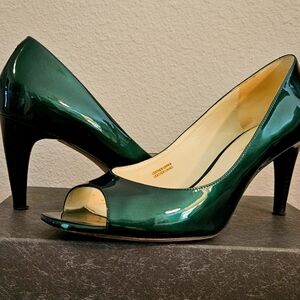 Via Spiga green pearl peep toe pumps